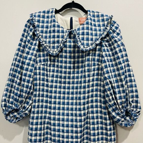JessaKae Jessy Jane Collar 3/4 Puff Sleeves Blue Check Dress Size Medium - Picture 4 of 7